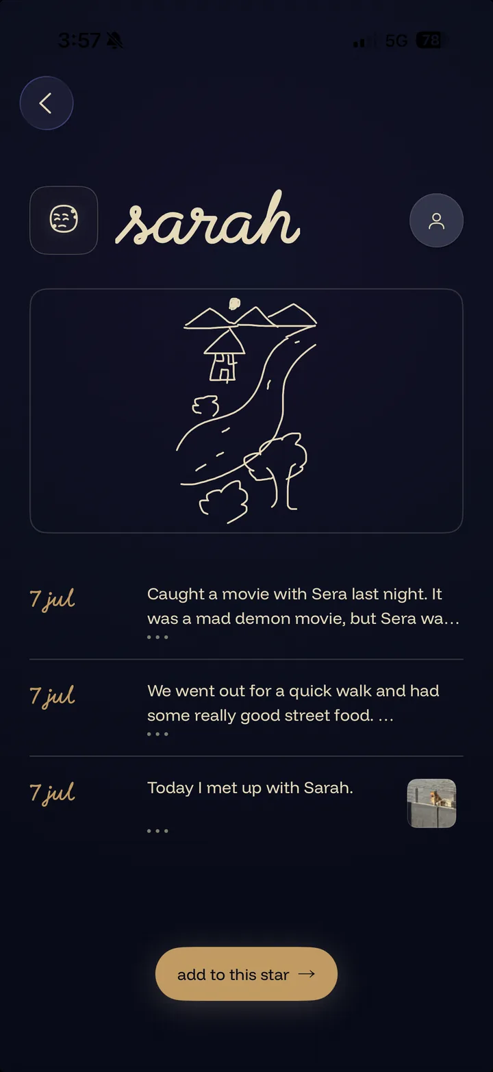 a person page in memento.sky with a sketch and dated notes about moments together