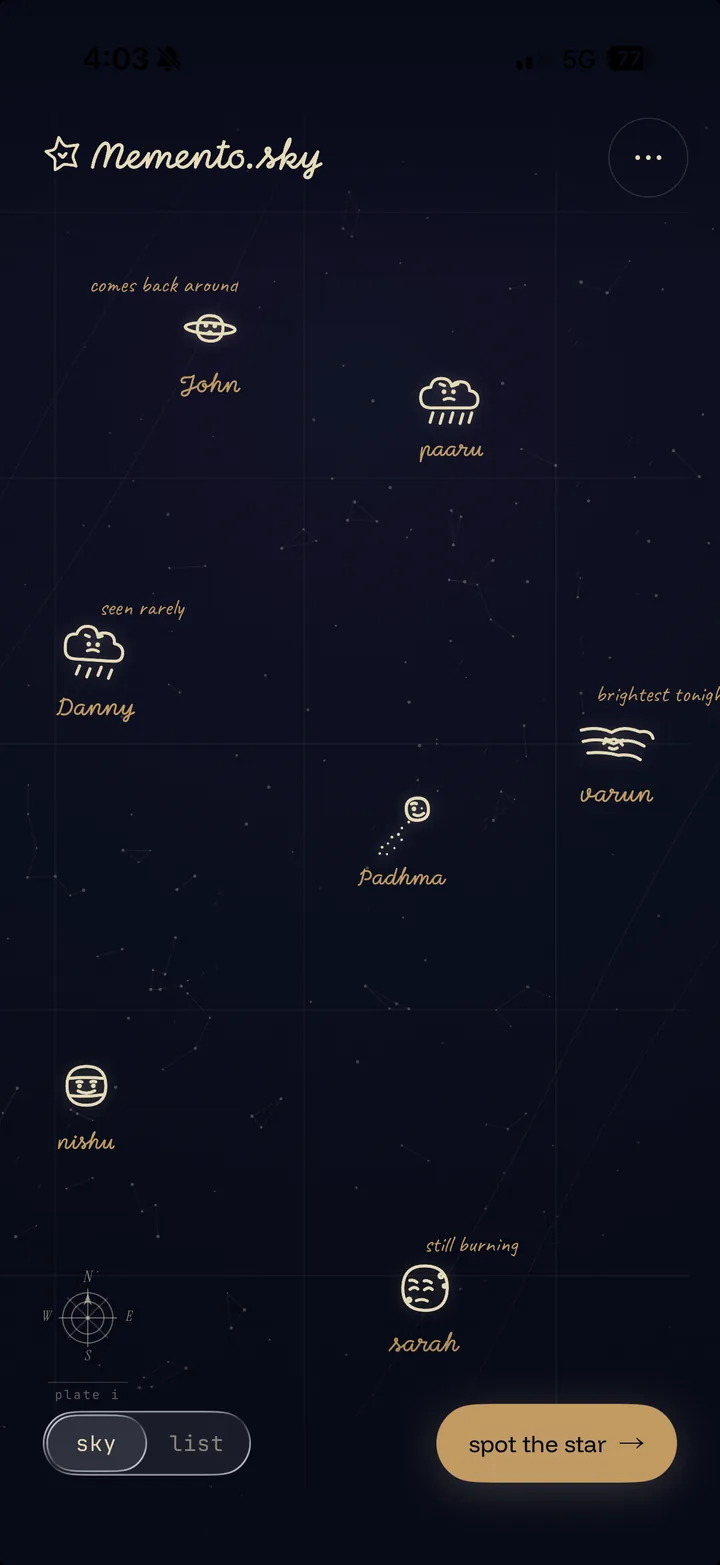 the memento.sky canvas — a night sky of hand-drawn stars, one for each person you have met